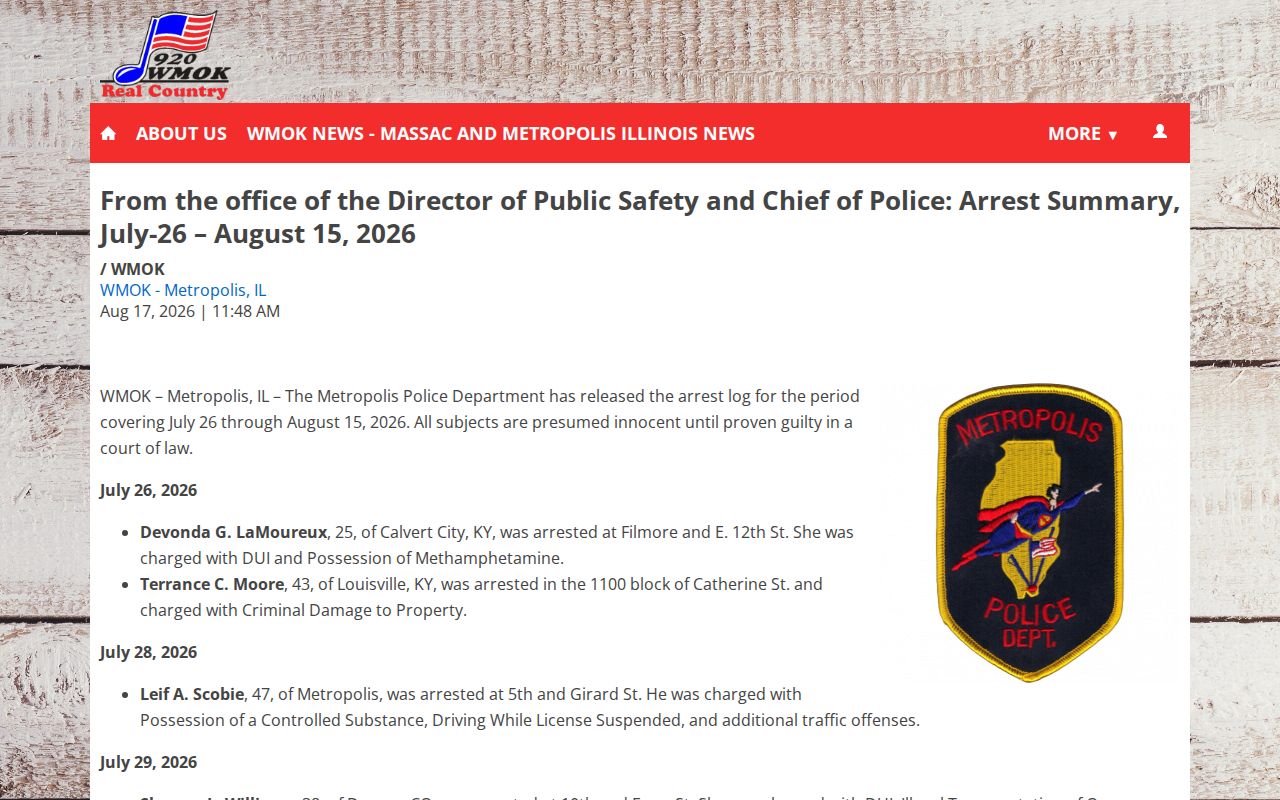 Massac County Metropolis WMOK arrest summary for a reported police record
